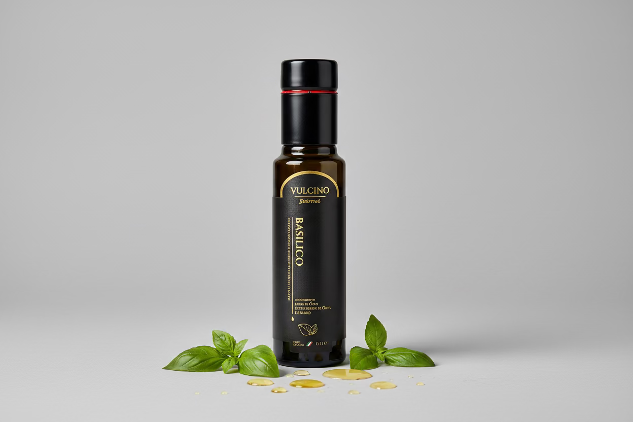 Black bottle of Vulcino basil infused olive oil