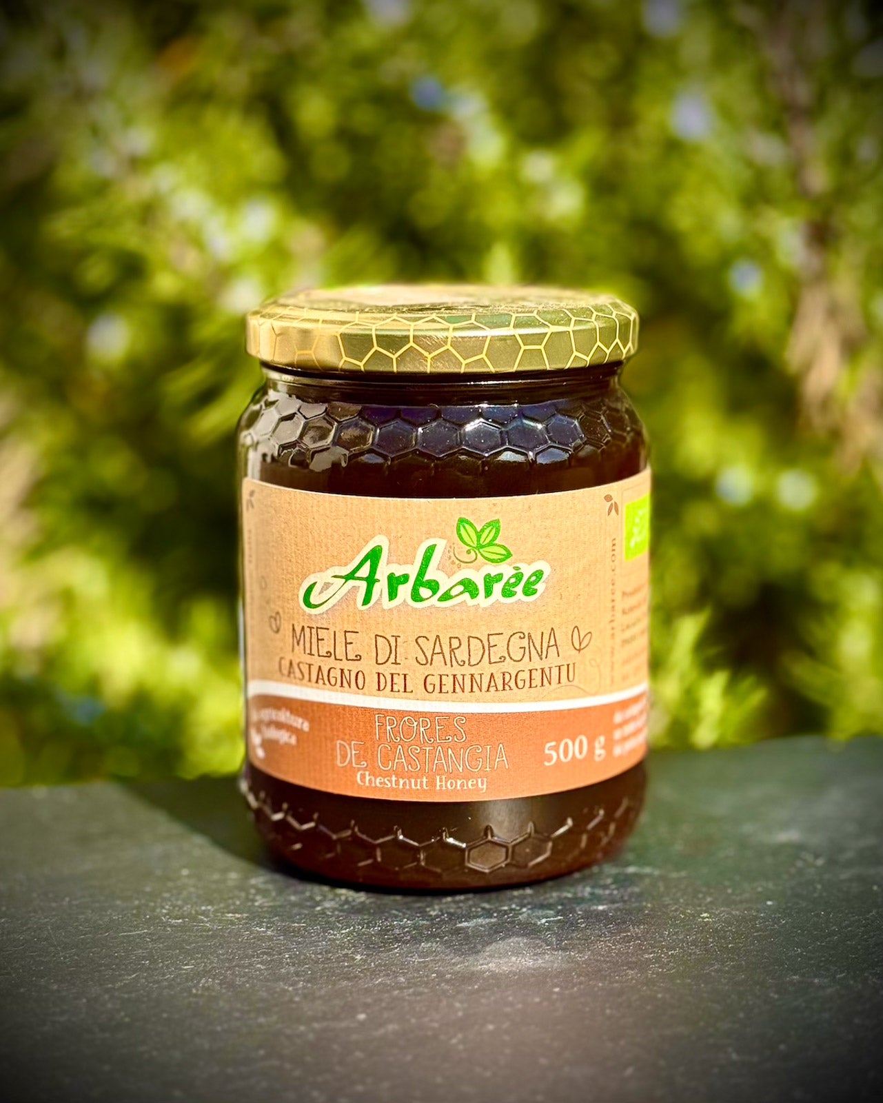 Glas Arbaree-Kastanienhonig mit unscharfem grünem Hintergrund