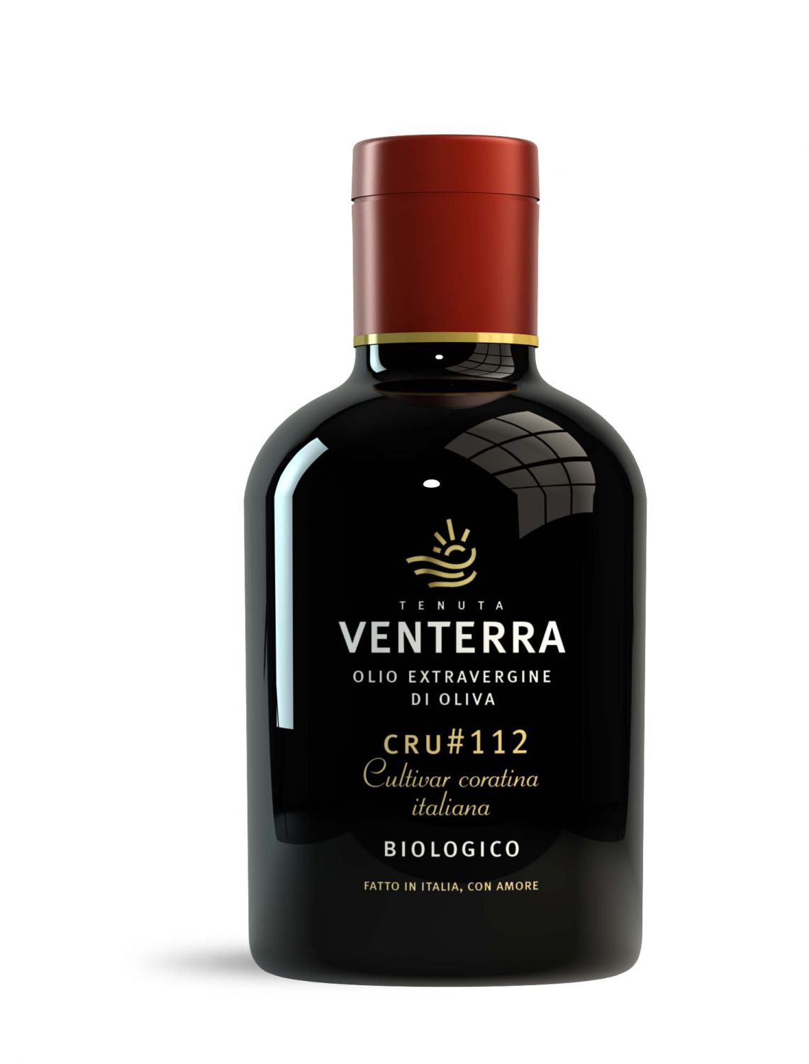 Flasche Ventera Olivenรถl Coratina Cru 112 vor weiรem Hintergrund