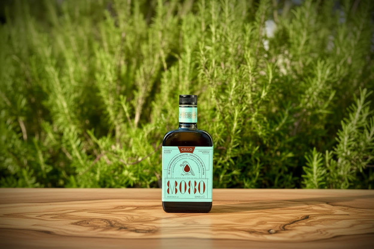 Bottle of Peranzana olive oil with a green label on a wooden surface with a blurred natural background