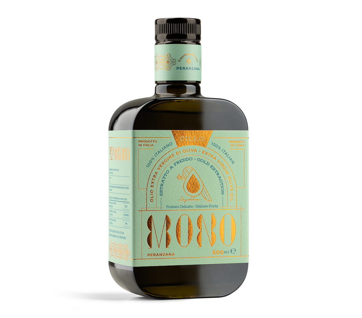 Bottle of Peranzana Monoi olive oil from Francesco Cillo with a green label on a white background