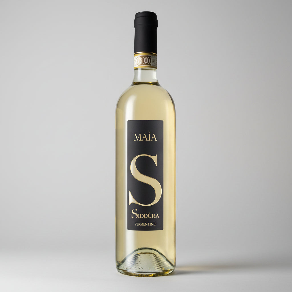 Eine Flasche Maia der Marke Siddura vor einem neutralen grauen Studiohintergrund.