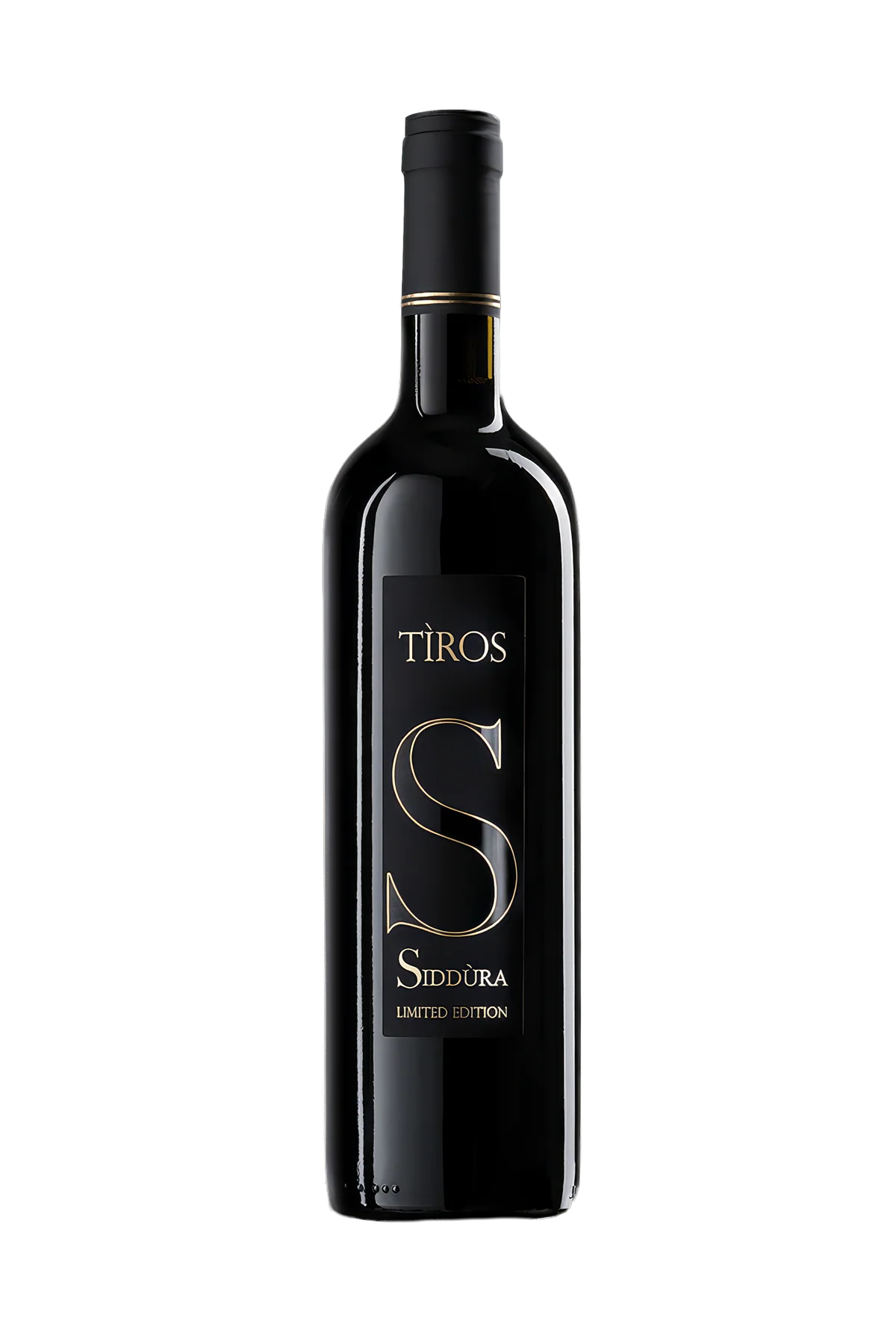 Black wine bottle with 'Tiros Sidgura' label on a white background