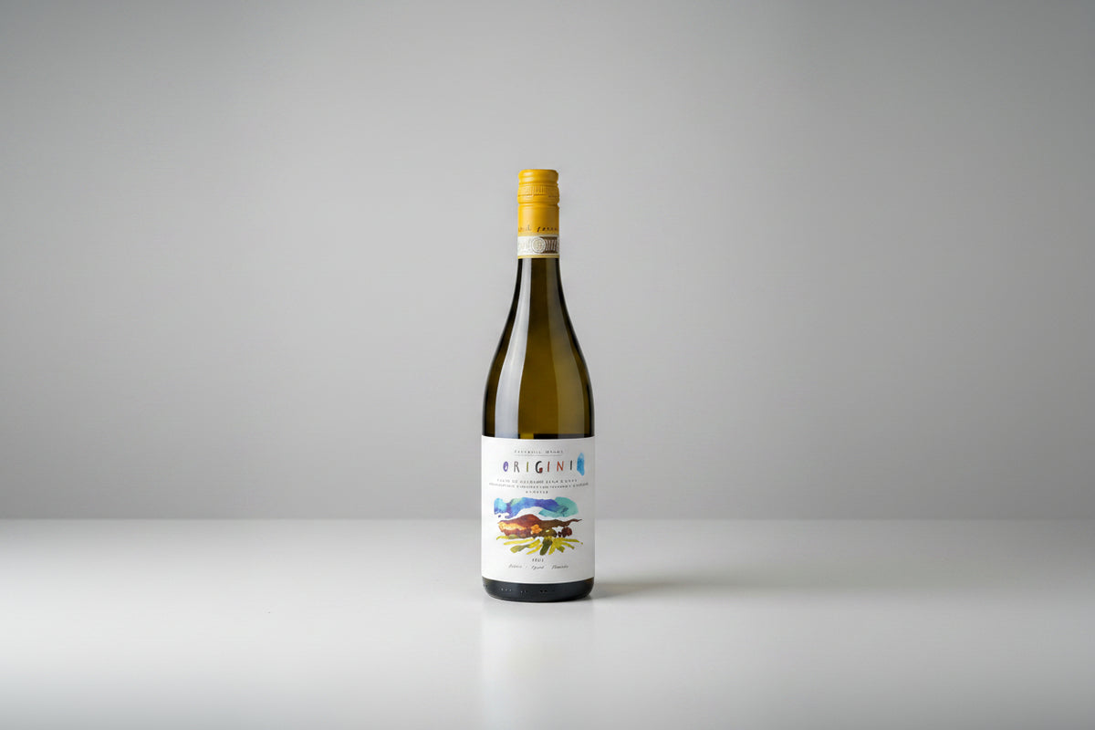 A bottle of Verdicchio wine labeled Origini from Fattoria Nanni