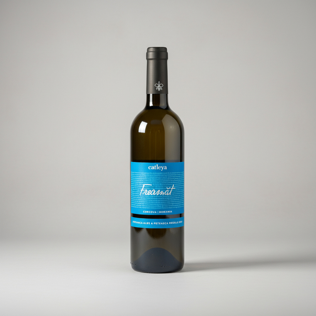 Eine Flasche Freamat Alb der Marke Catleya vor einem neutralen grauen Studiohintergrund.