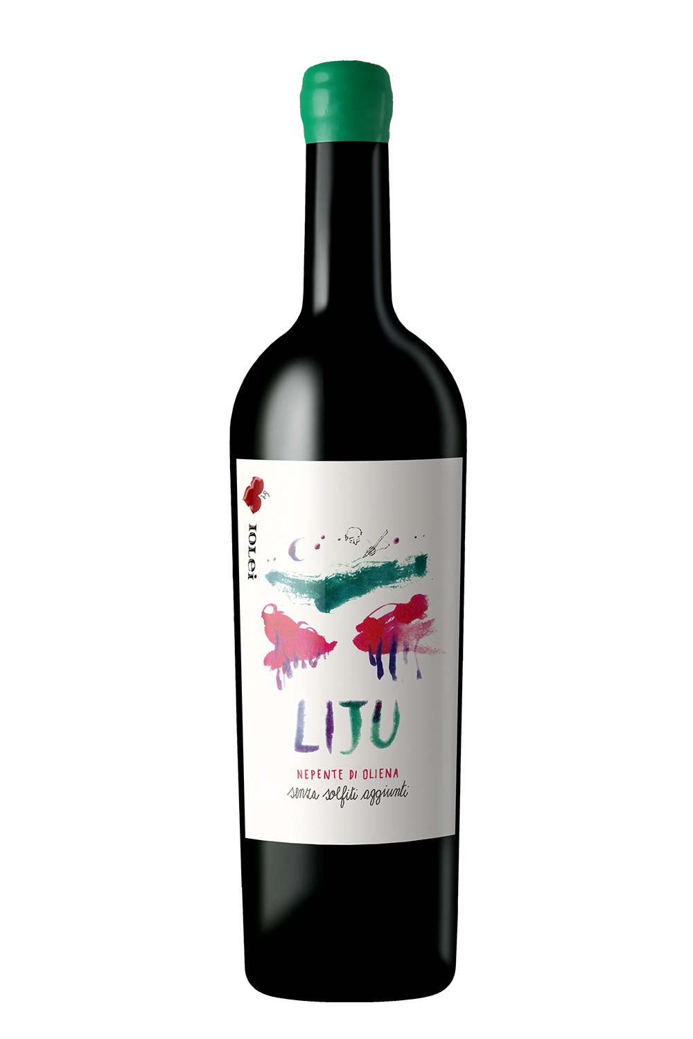 Eine Flasche Liju der Marke Iolei vor einem neutralen grauen Studiohintergrund.