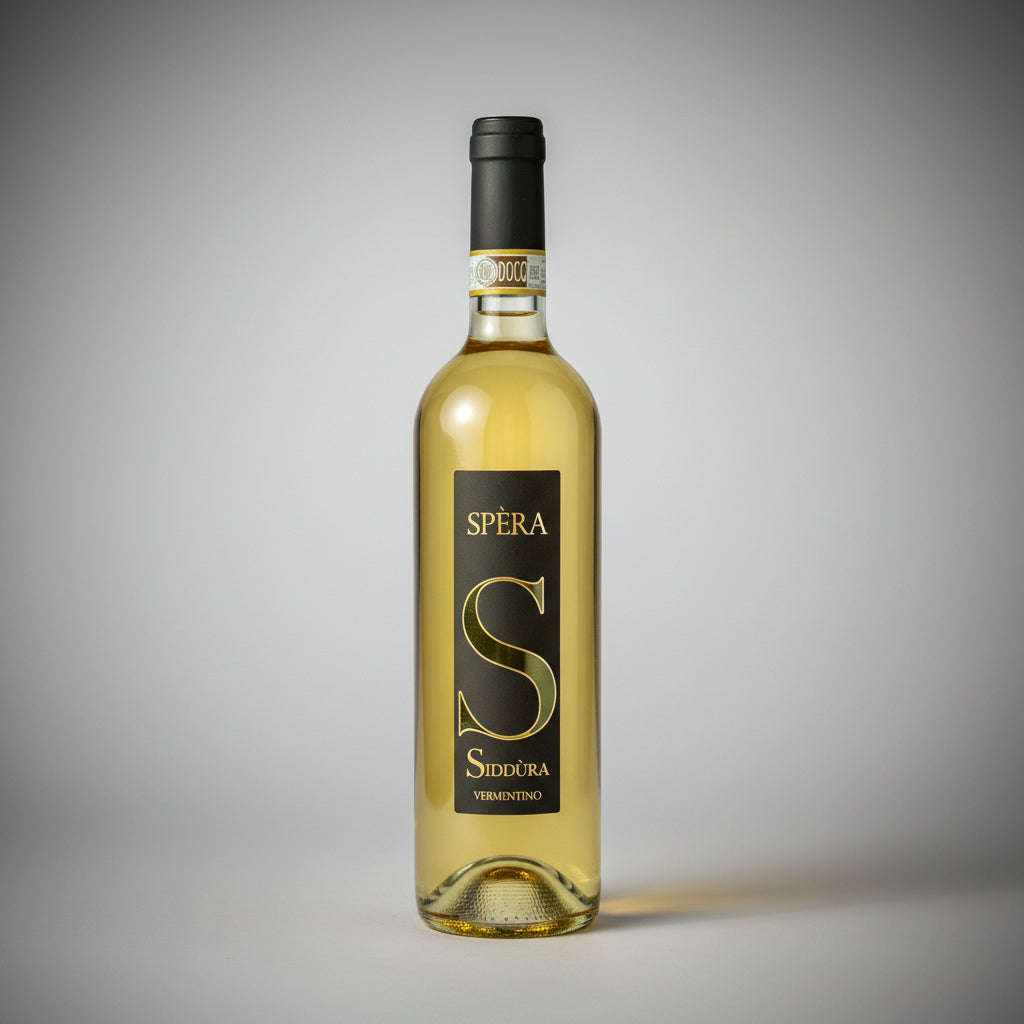 Eine Flasche Spera der Marke Siddura vor einem neutralen grauen Studiohintergrund.