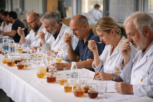 Panel of accredited honey tasters evaluating Italian honeys during a blind sensory analysis session.