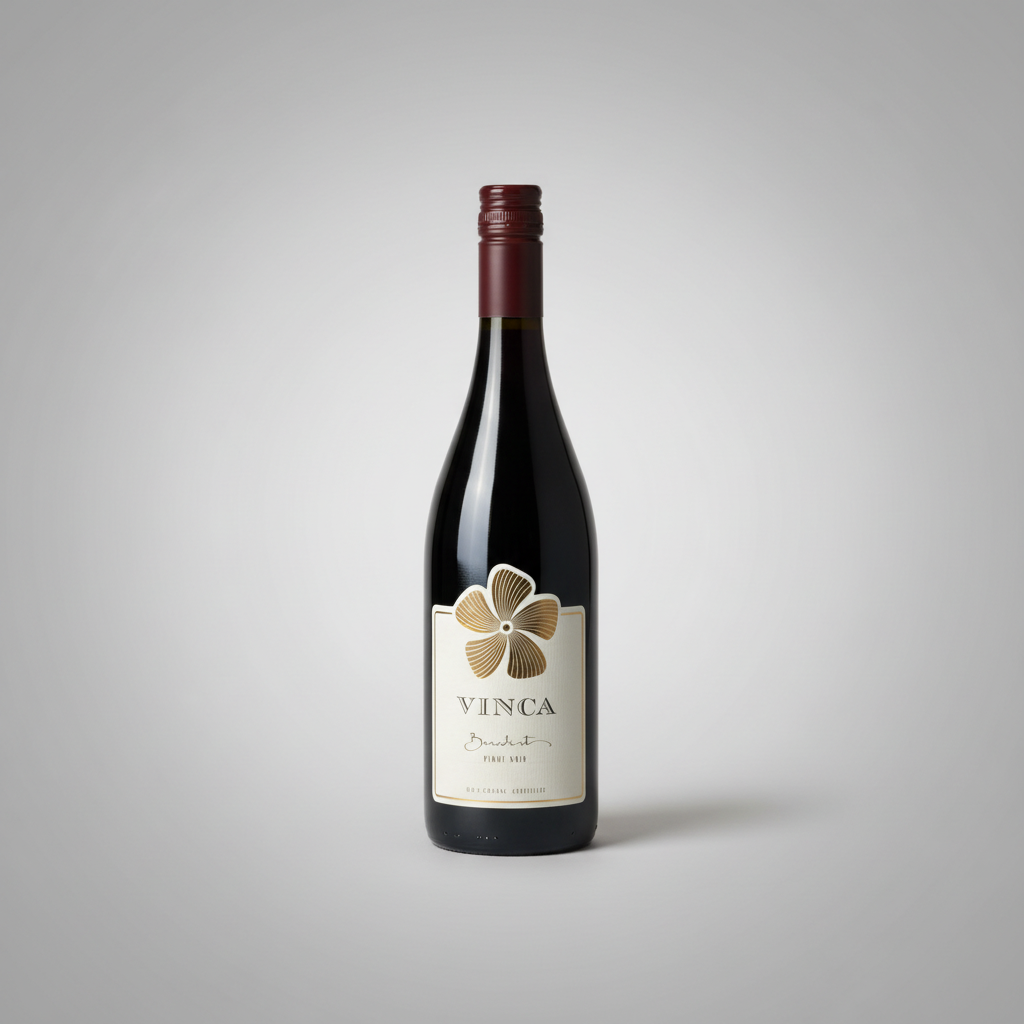 Eine  Flasche Pinot Noir Vinca Benedict der Marke Carastelec vor einem neutralen grauen Studiohintergrund.
