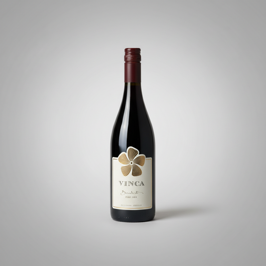 Eine  Flasche Pinot Noir Vinca Benedict der Marke Carastelec vor einem neutralen grauen Studiohintergrund.
