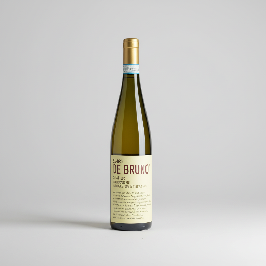 Eine  Flasche Colli Scaligeri Soave der Marke Sandro de Bruno vor einem neutralen grauen Studiohintergrund.
