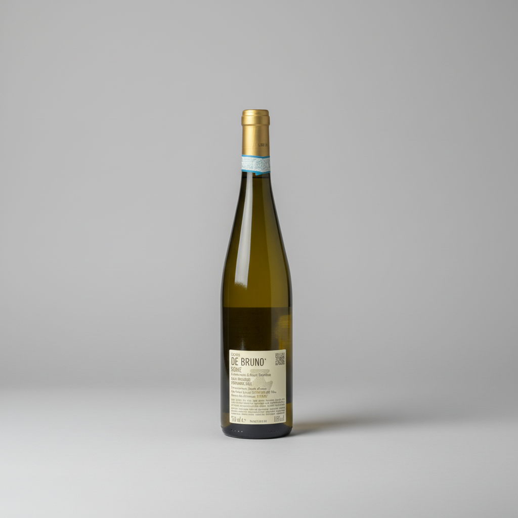 Eine  Flasche Colli Scaligeri der Marke Sandro de Bruno vor einem neutralen grauen Studiohintergrund. Rückseite
