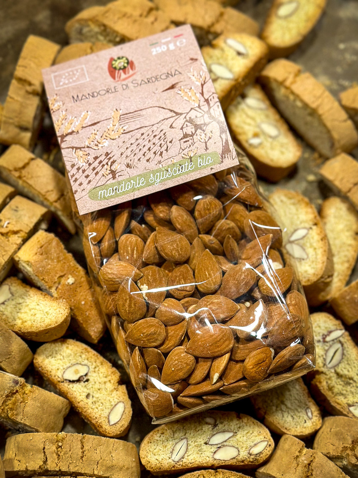 Packaged almonds and cantuccini biscuits