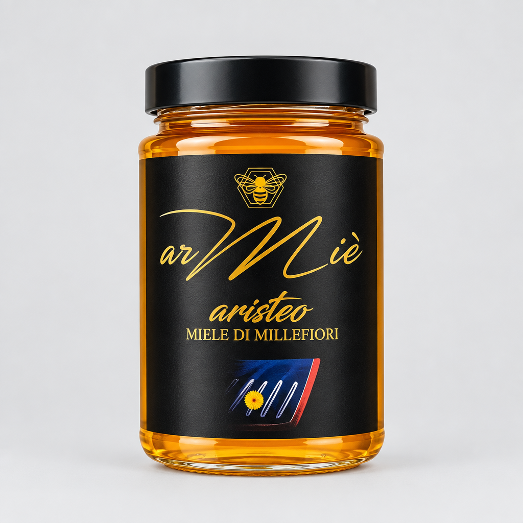 Einen Glas Blütenhonig der Marke Armie vor einem neutralen grauen Studiohintergrund.
