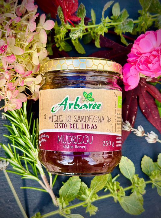 Glas Arbarée-Zistrosenhonig, umgeben von Blumen und Grünpflanzen