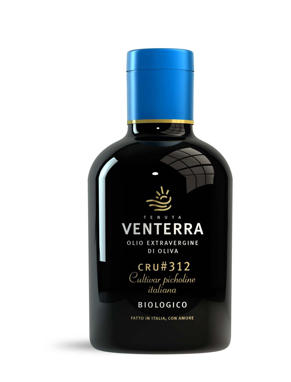 Flasche Bio Olivenöl Venterra Cru 312 Picholine vor weißem Hintergrund