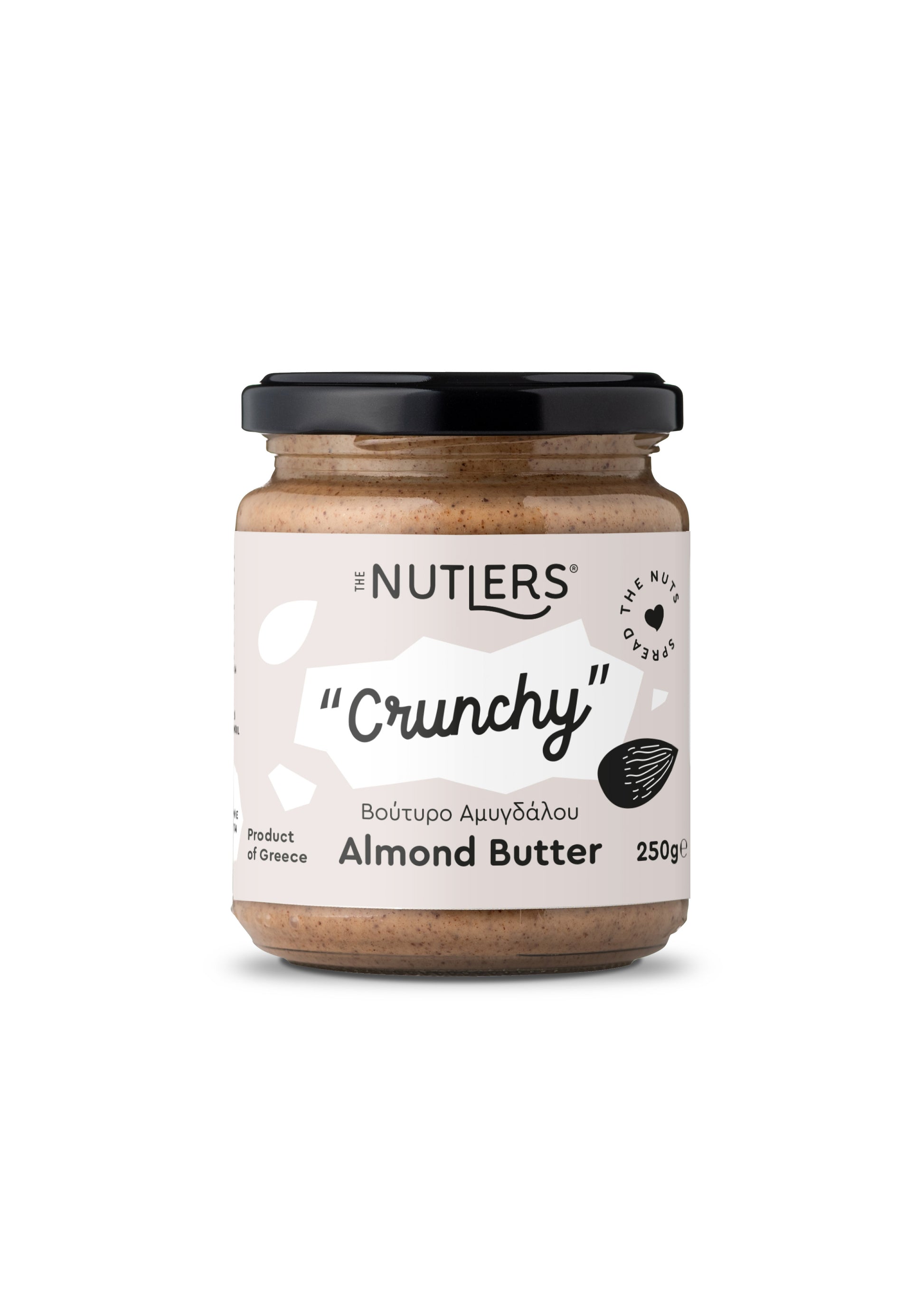 Jar of Nutliers Crunchy Almond Butter on a white background