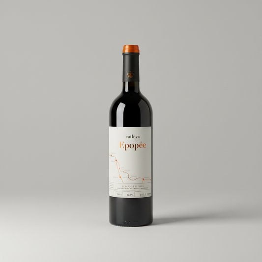 Eine  Flasche Epopee der Marke Catleya vor einem neutralen grauen Studiohintergrund.
