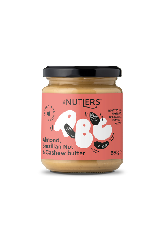 Jar of Nutlers almond, brazilian nut, and cashew butter with a pink label on a white background