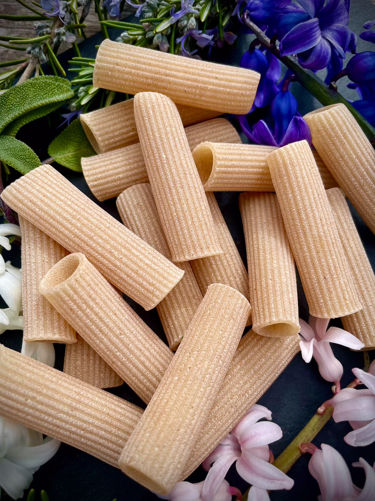 Close-up of pasta tortiglioni rigati lunghi