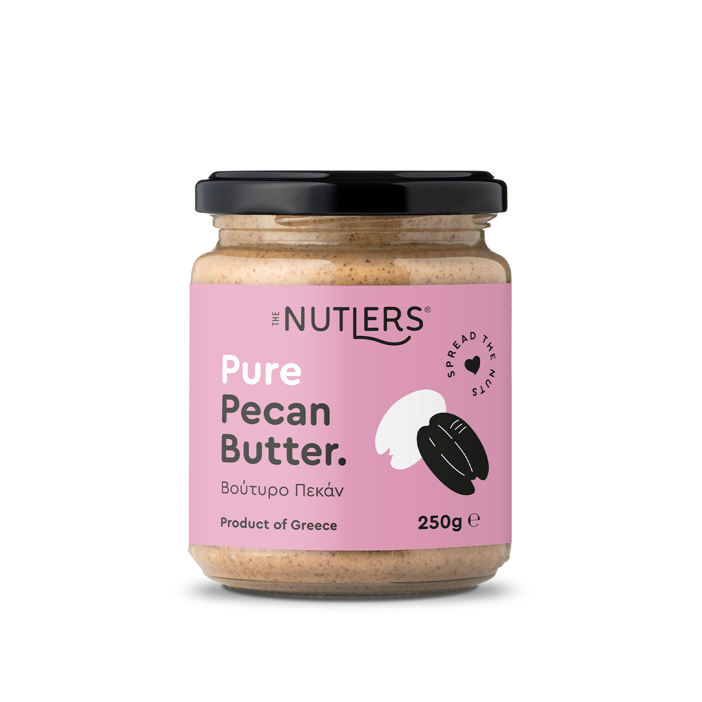 Jar of Nutlers Pure Pecan Butter with pink label on a white background