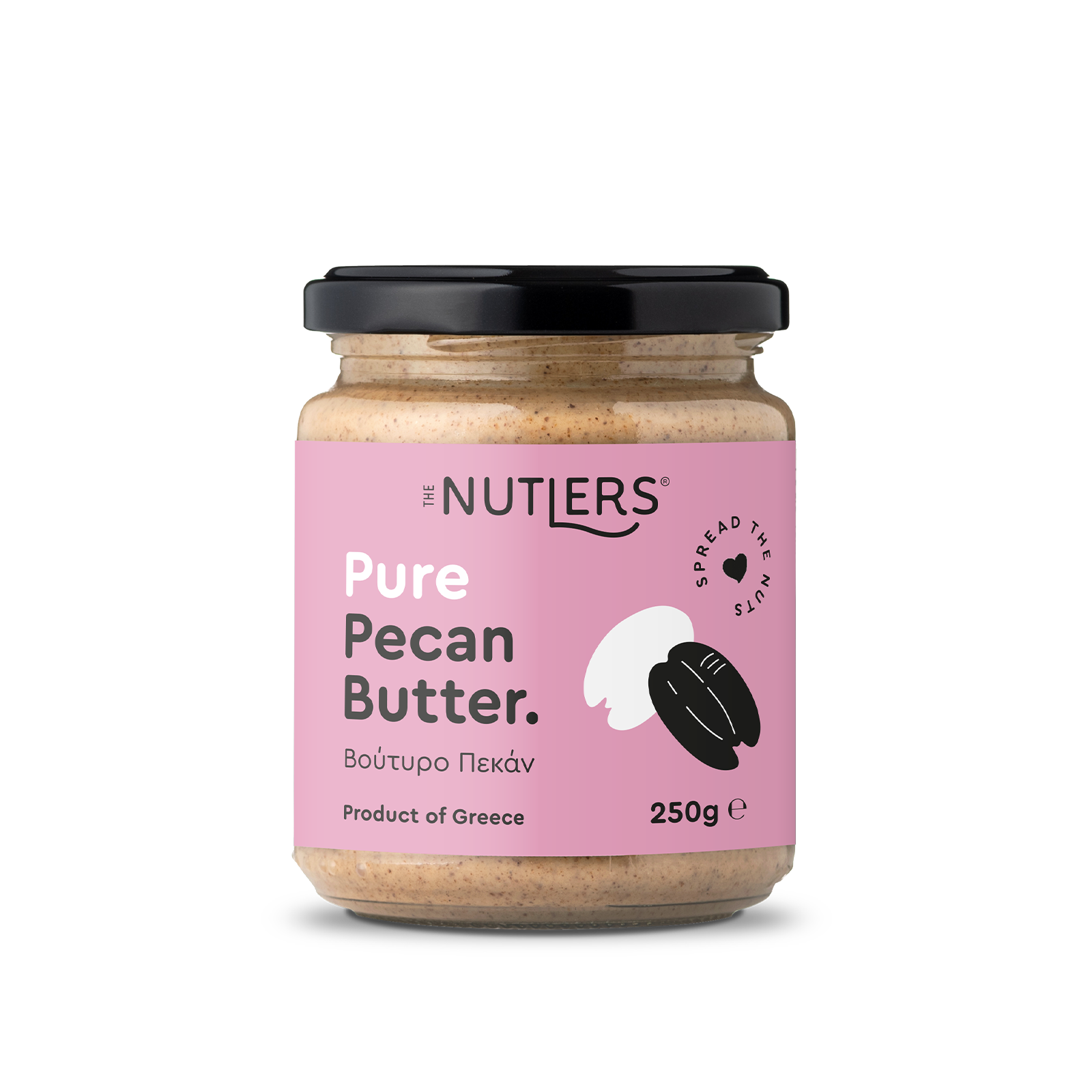 Jar of Nutlers Pure Pecan Butter with pink label on a white background