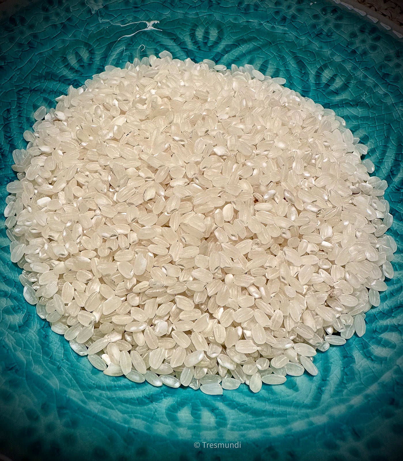 White rice on a blue textured plate