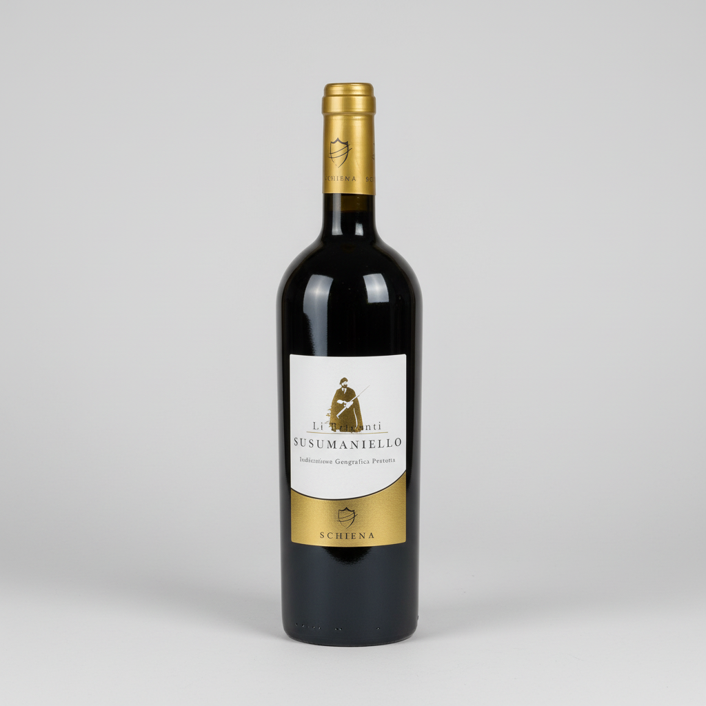 Eine  Flasche Li Briganti Susumaniello der Marke Vini Schiena vor einem neutralen grauen Studiohintergrund.

