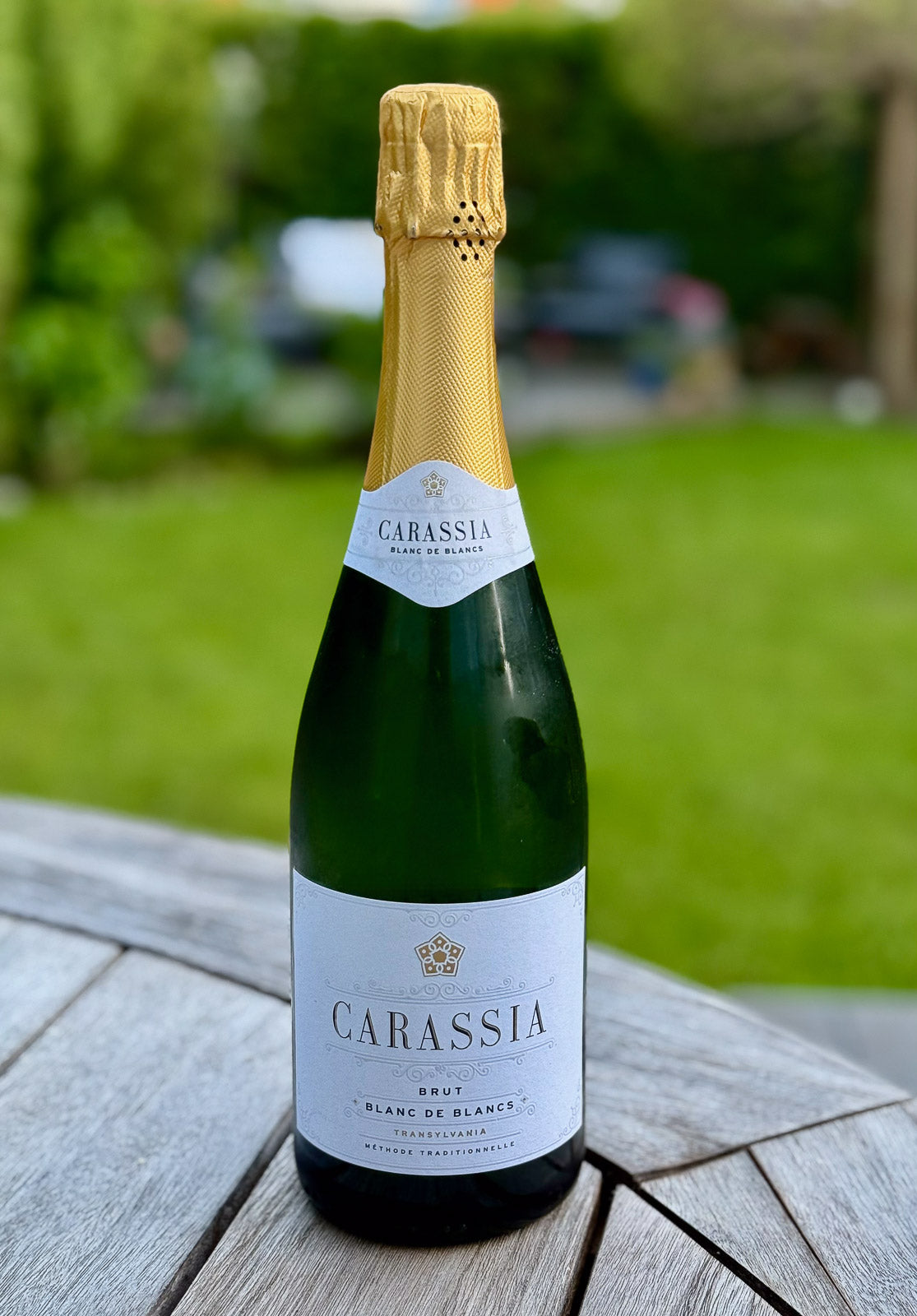 Bottle of Carassia blanc de blancs sparkling wine on a wooden surface with a blurred outdoor background