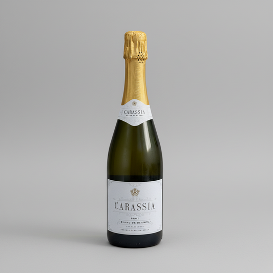 Eine  Flasche Carassia Blanc de Blancs der Marke Carastelec vor einem neutralen grauen Studiohintergrund.
