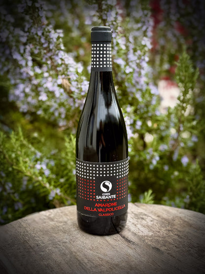 Eine Flasche Amarone der Marke Corte Saibante vor einem grünen Gartenhintergrund.