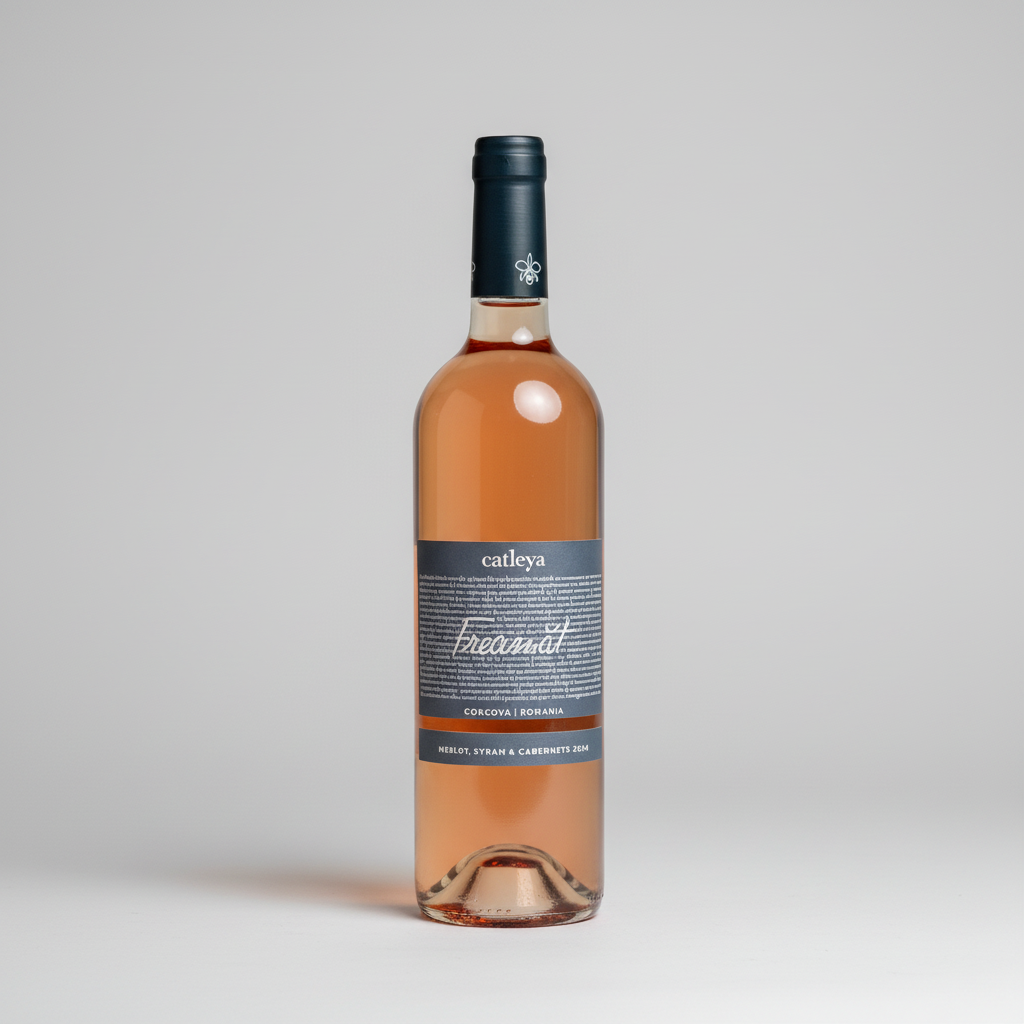 Eine  Flasche Freamat Rose der Marke Catleya vor einem neutralen grauen Studiohintergrund.
