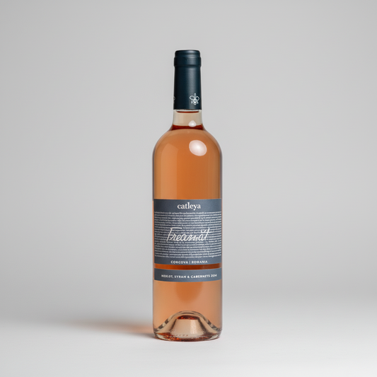 Eine  Flasche Freamat Rose der Marke Catleya vor einem neutralen grauen Studiohintergrund.
