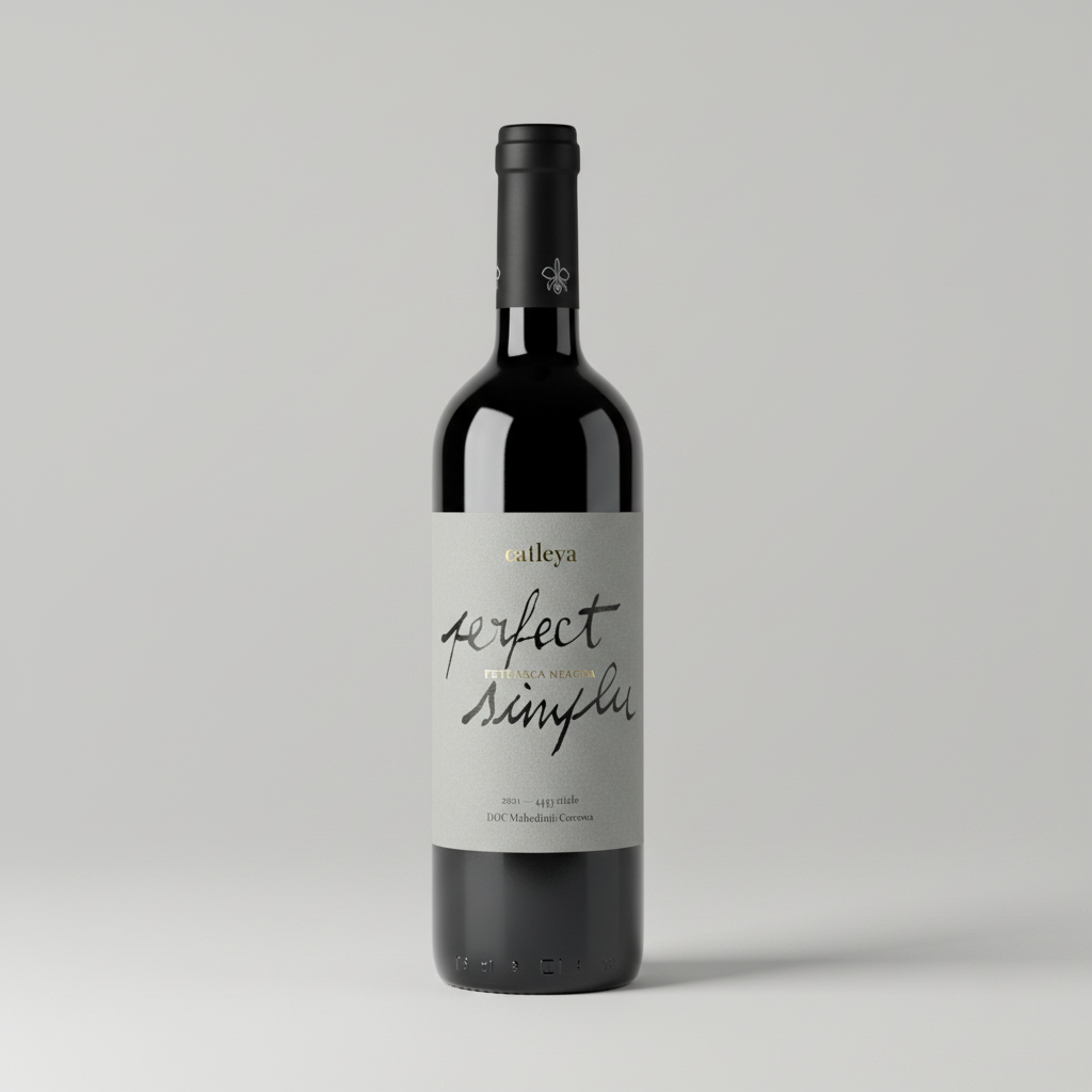 Eine  Flasche Perfect Simplu der Marke Catleya vor einem neutralen grauen Studiohintergrund.

