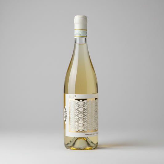Eine  Flasche Vermentino 26.57 der Marke Cantina Canu vor einem neutralen grauen Studiohintergrund.
