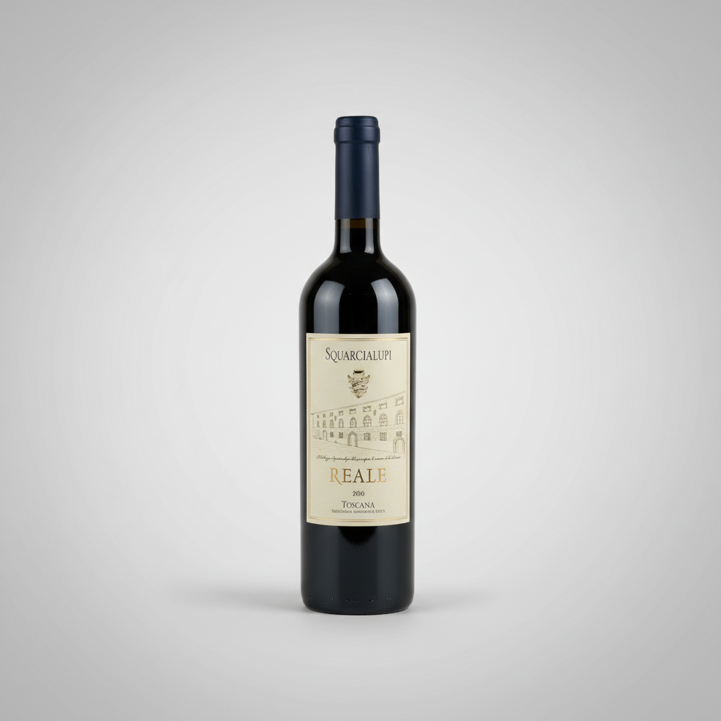 Eine Flasche Wein Reale der Marke Squarcialup vor einem neutralen grauen Studiohintergrund.

