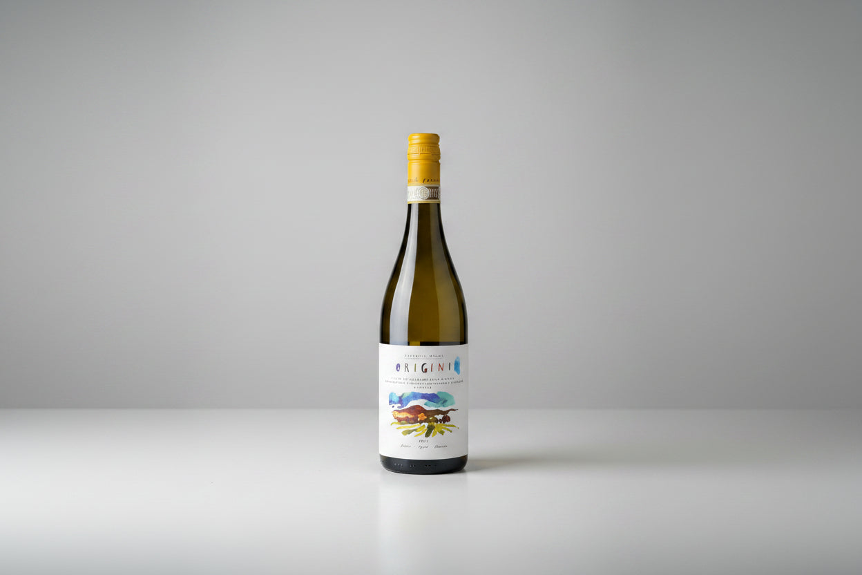 A bottle of Verdicchio wine labeled Origini from Fattoria Nanni