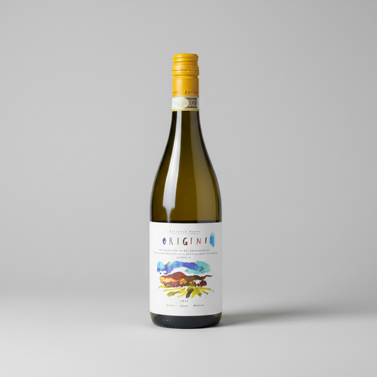 Eine  Flasche Origini der Marke Fattoria Nanni vor einem neutralen grauen Studiohintergrund.
