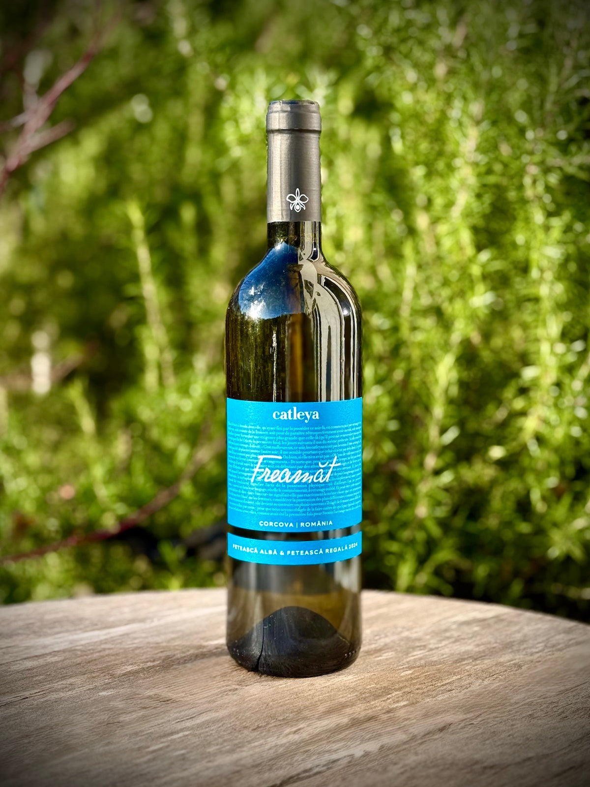 Wine bottle labeled Freamat from Catleya winery with a blue label on a wooden surface with a blurred green background