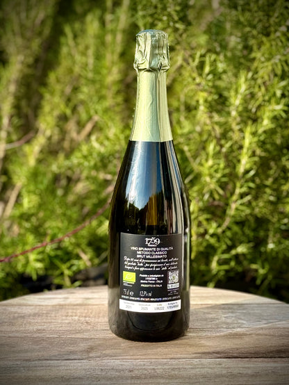 A bottle of 1759 Pastini Verdeca sparkling wine with a black label and a gold foil top, standing on a wooden surface with a blurred green garden background.