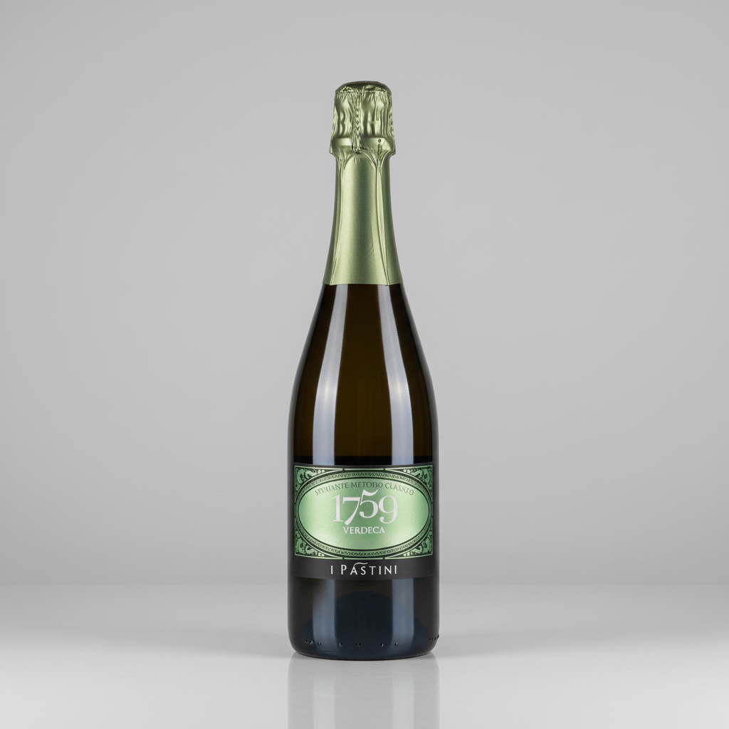 Eine  Flasche 1759 Schaumwein der Marke Pastini vor einem neutralen grauen Studiohintergrund.
