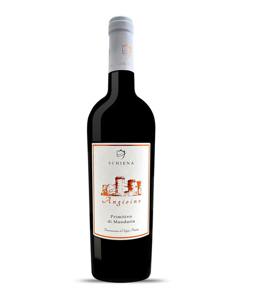 Bottle of Angioino Primitivo wine on a white background