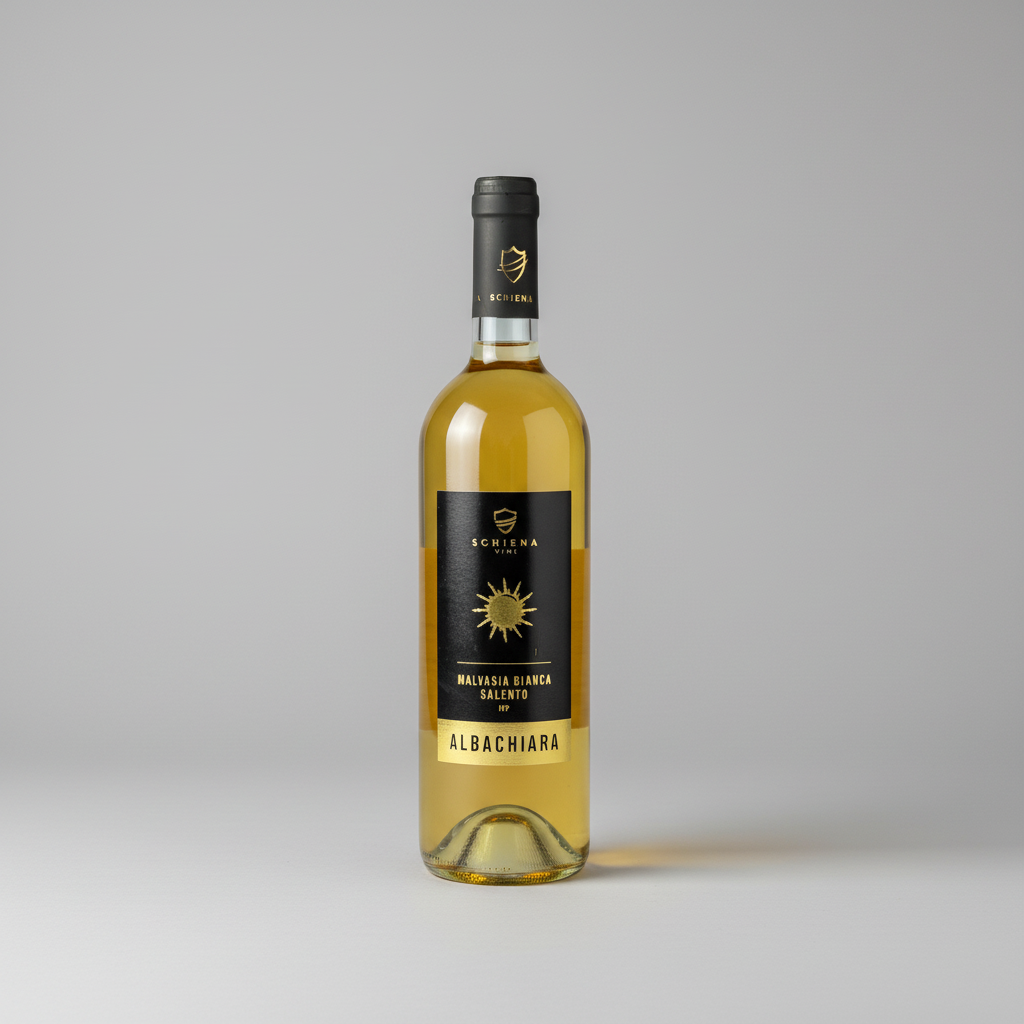 Eine  Flasche Albachiara der Marke Vini Schiena vor einem neutralen grauen Studiohintergrund.
