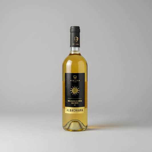 Eine  Flasche Albachiara der Marke Vini Schiena vor einem neutralen grauen Studiohintergrund.
