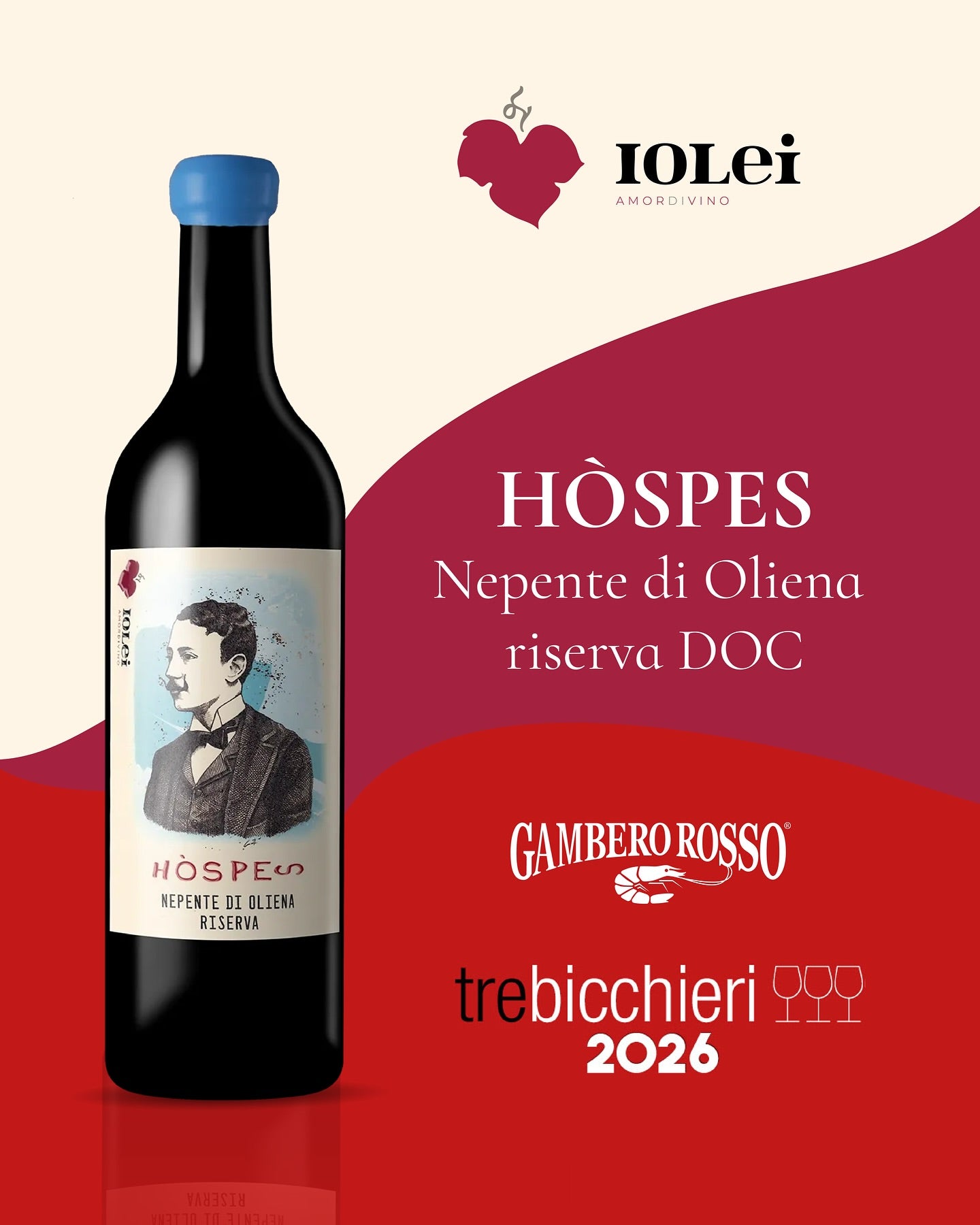 Wine bottle with label featuring a man's portrait on a red and beige background, with IOLEI and Gambero Rosso logos.