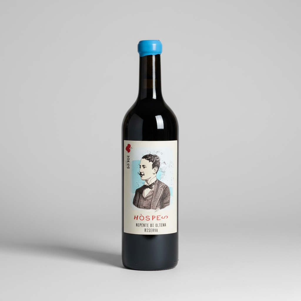 Eine  Flasche Hospes der Marke Iolei vor einem neutralen grauen Studiohintergrund.

