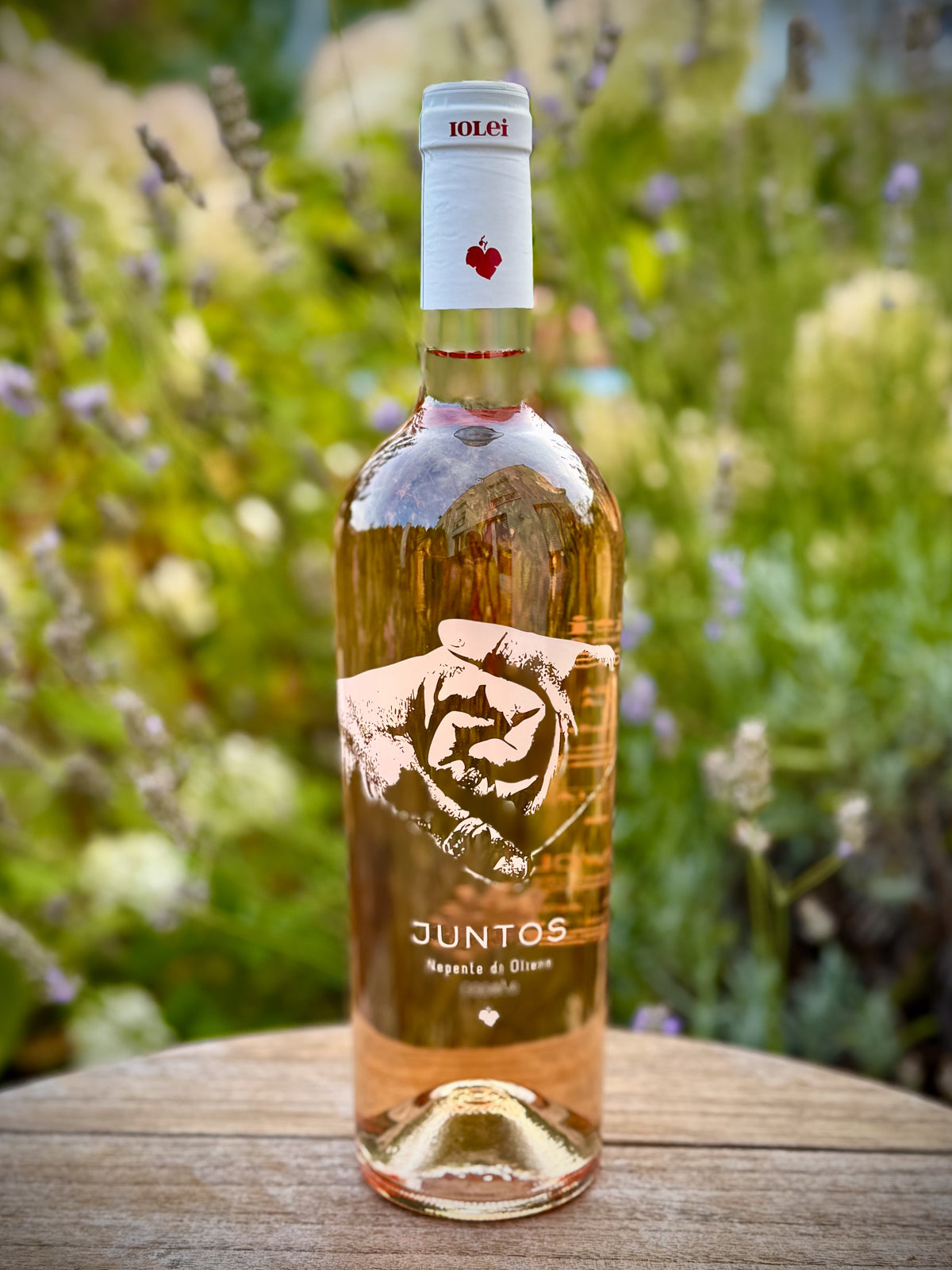 Bottle of Juntos wine on a wooden surface with a blurred natural background