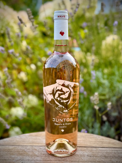 Bottle of Juntos wine on a wooden surface with a blurred natural background
