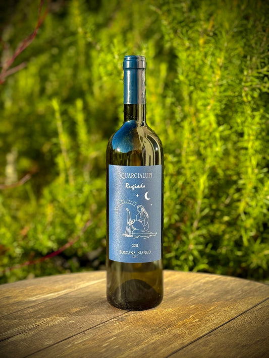 A bottle of white wine Rugiada from Squarcialupi with blue label on a wooden surface with greenery in the background