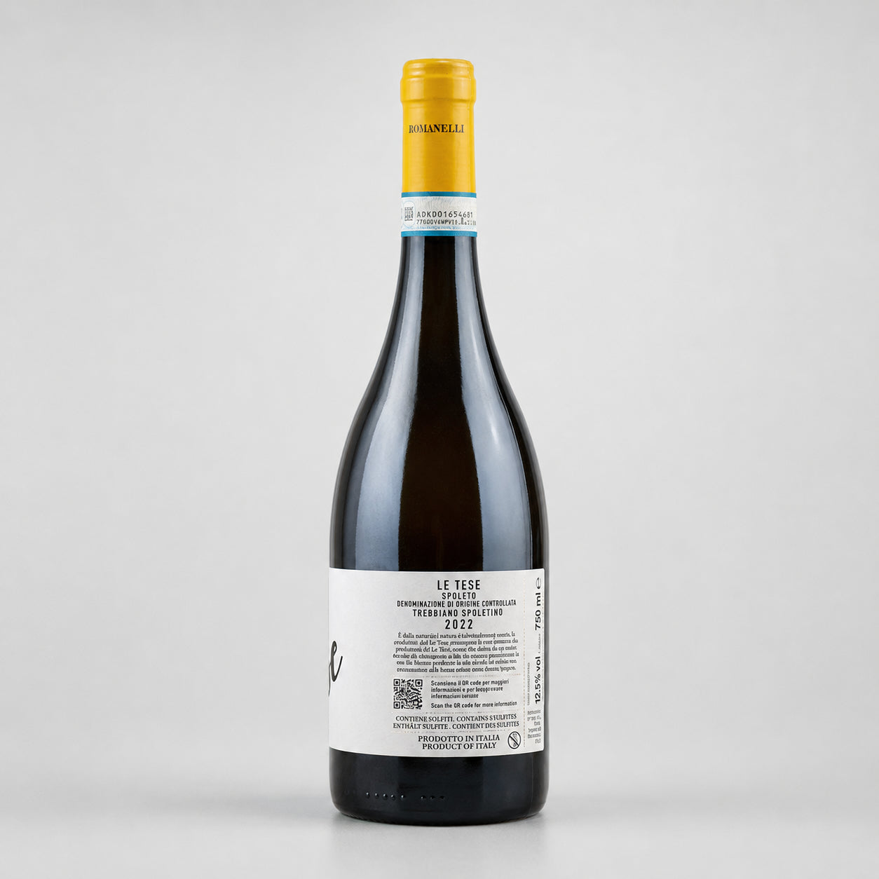 Backside of a bottle of wine "Le Tese" Spaleto from Romanelli